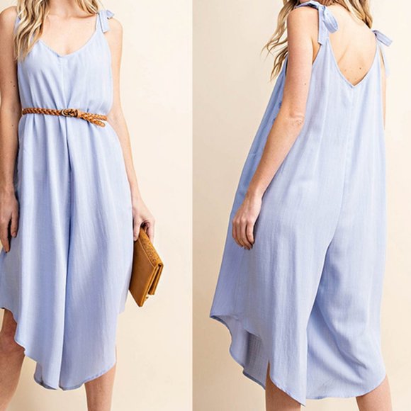 Sky Blue Knotted V-line Wide Crop Jumpsuit - Picture 2 of 5